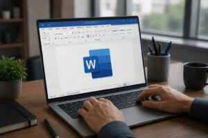 لپ‌تاپ با نرم‌افزار Microsoft Word روی میز کار برای نمایش قابلیت‌های مخفی ورد