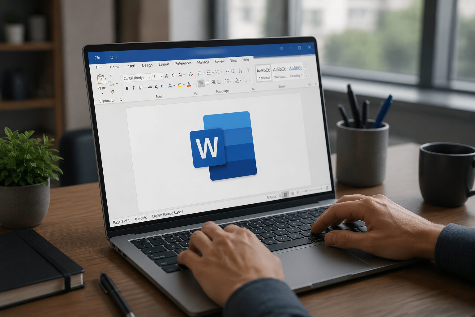 لپ‌تاپ با نرم‌افزار Microsoft Word روی میز کار برای نمایش قابلیت‌های مخفی ورد